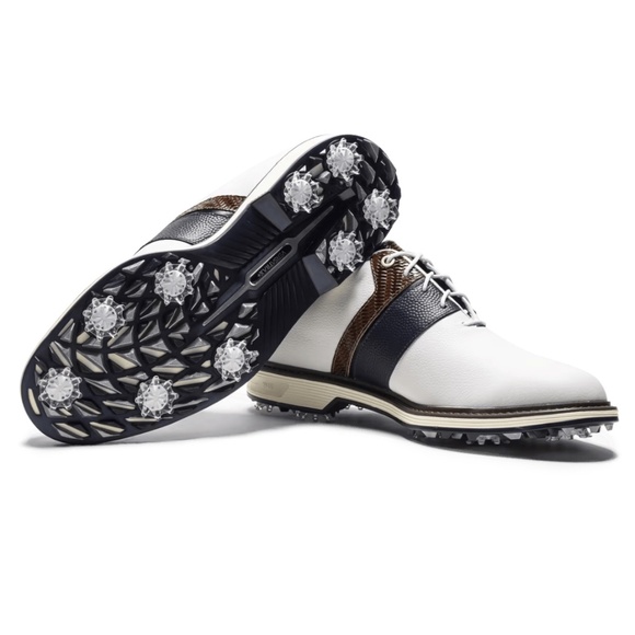 FootJoy Premiere Series Packard LX Golf Shoe, White/Midnight Navy/Chestnut 9.5 M